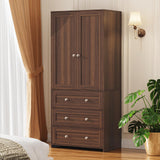 VOWNER Armoire Wardrobe Closet with Drawers and Mirror, 71" Clothing Storage Cabinet with Hanging Rod, 2 Doors Wooden Wardrobe Cabinet for Bedroom (Walnut, 18.9" D x 31.5" W x 71" H) VOWNER