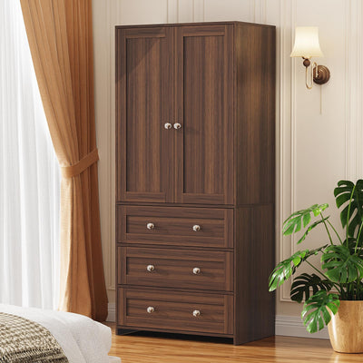 VOWNER Armoire Wardrobe Closet with Drawers and Mirror, 71" Clothing Storage Cabinet with Hanging Rod, 2 Doors Wooden Wardrobe Cabinet for Bedroom (Walnut, 18.9" D x 31.5" W x 71" H)