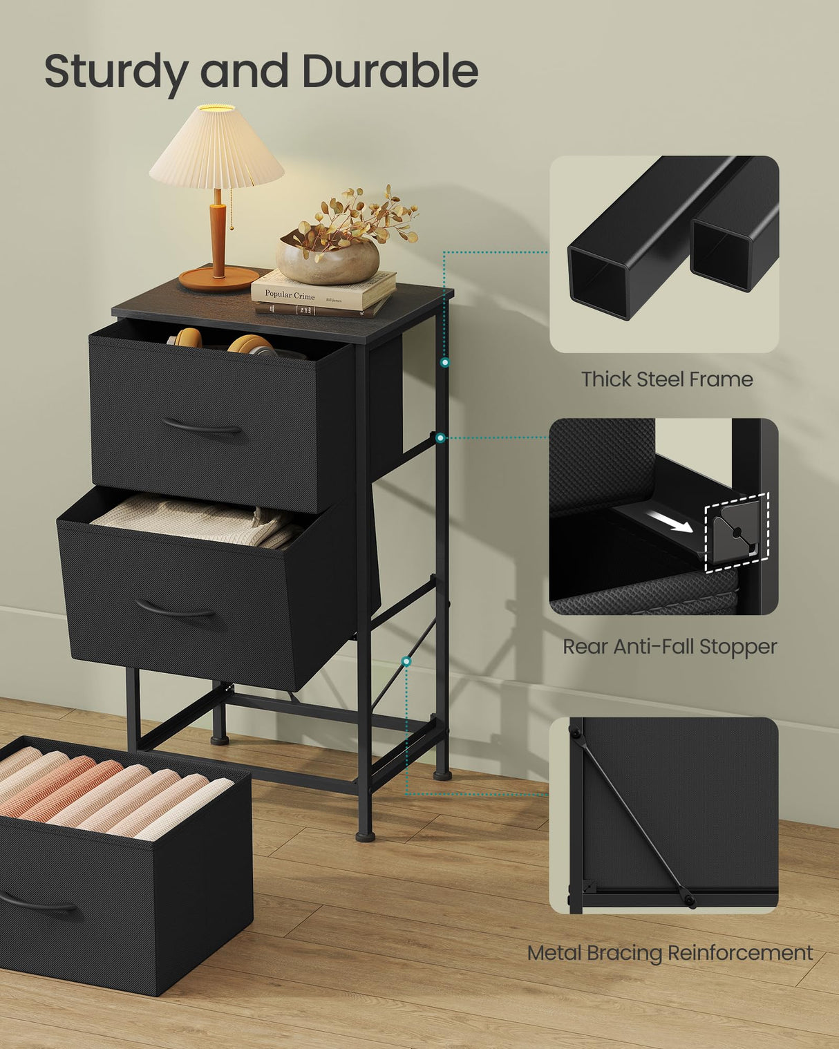 SONGMICS Dresser for Bedroom, Chest of Drawers, Steel, MDF, 3 Non-Woven Fabric Drawers, Storage Organizer Unit, Closet, Entryway, Ink Black and Ebony Black ULGS313B01S SONGMICS