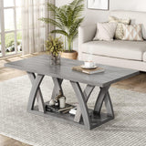 FROMJBEST Farmhouse Coffee Table with Shelf, Wood Coffee Table for Living Room, Open Display Area,47” Grey FROMJBEST