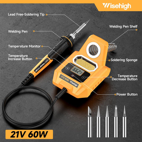 Cordless Soldering Station for Dewalt 20V Max Battery - Electric Digital LCD Display Soldering Iron Station Fast Heating Up Soldering Station for DIY, Appliance Repair (Battery Not Included) Wisehigh