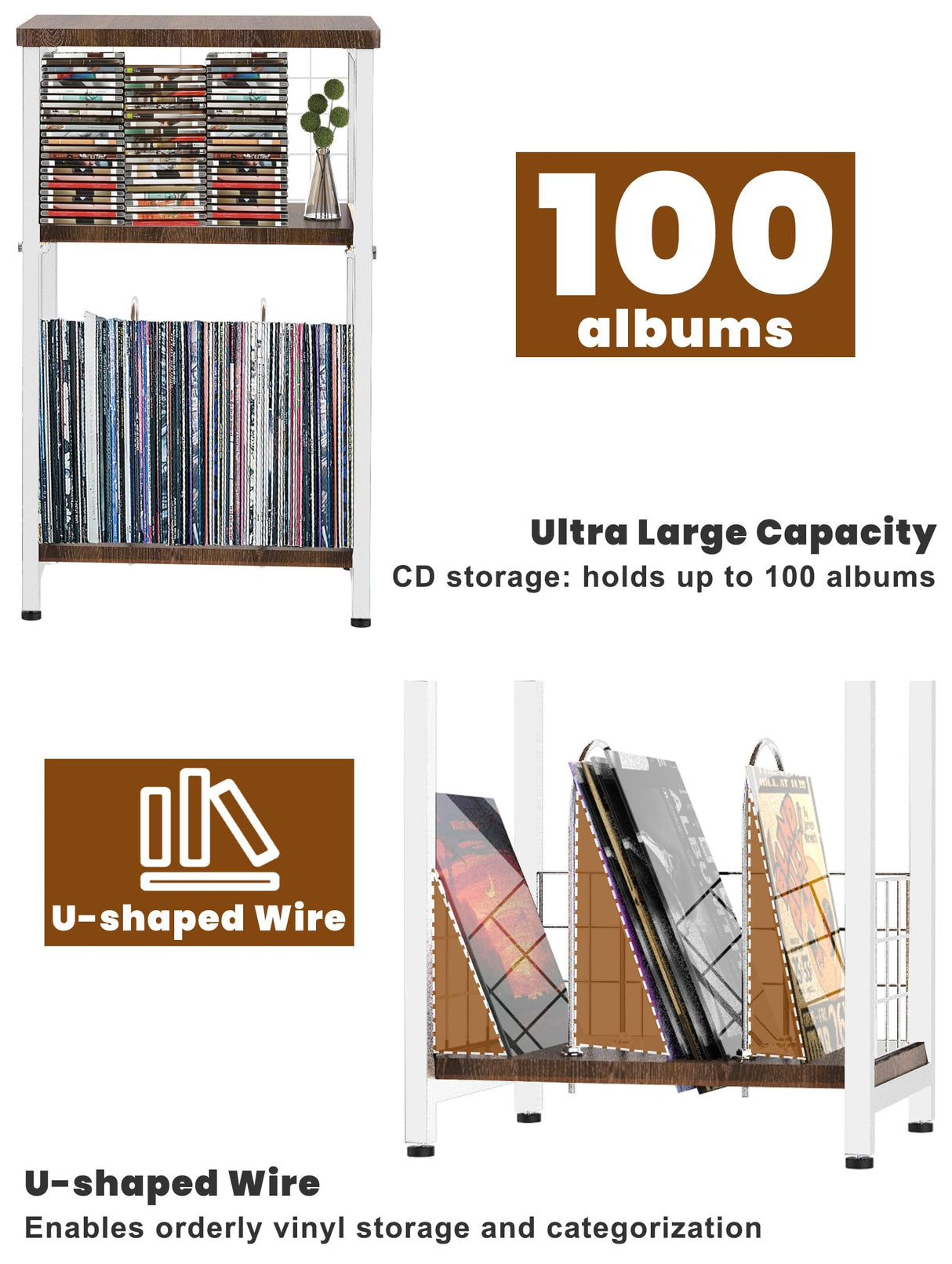 Tuohours Record Player Stand, 3 Tier End Table with Double Layer Iron Wire Mesh Turntable Stand Vinyl Record Table Storage Up to 100 Albums, Nightstand Small Side Table for Living Room Bedroom, White Tuohours