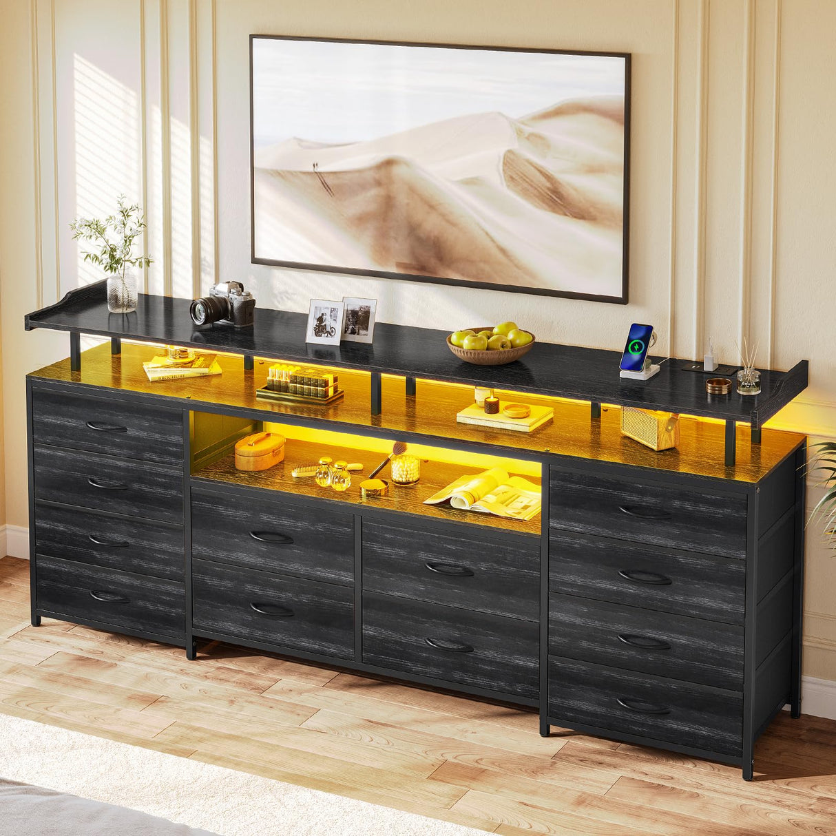 BTHFST 12 Drawers TV Stand Dresser for 65/70 inch TV, Entertainment Center with LED Lights & Power Outlets, 63" Large LED TV Stand, TV Console for Bedroom BTHFST