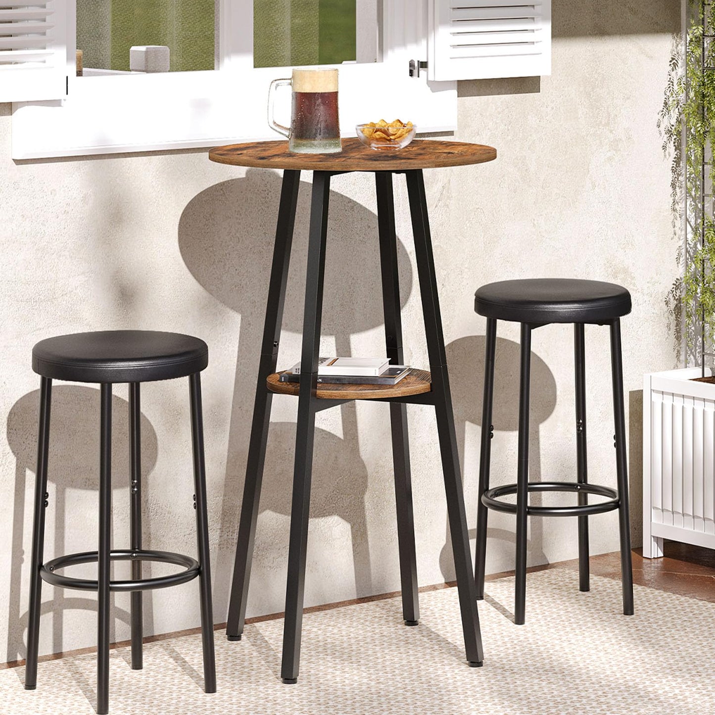 HOOBRO Bar Table, Round Pub Table, 2-Tier Bistro Table with Storage, 37.4" High Top Table for Small Spaces, Cocktail Table with Top Particleboard for Kitchen, Easy to Assemble, Rustic Brown BF55BT01