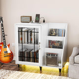 VINGLI Large Record Player Stand with Display Area, Turntable Stand with Storage, Vinyl Record Holder Up to 350 Albums, Record Player Table with LED Lights ＆ Charging Station for Music Room, White VINGLI