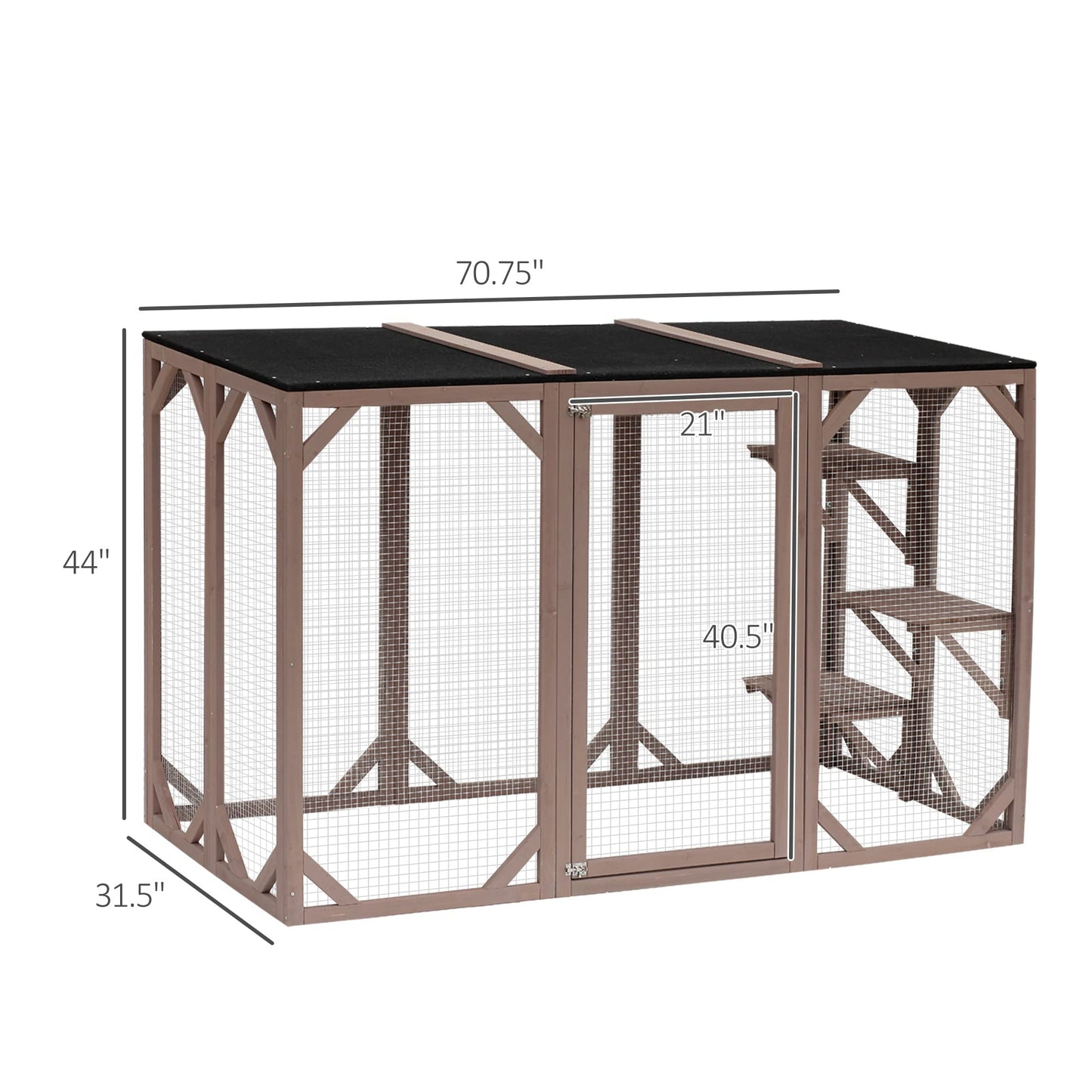 PawHut Outdoor Cat House, Catio Wooden Feral Cat Shelter, Cat Cage with Platforms, Large Enter Door, Weather Protection Asphalt Roof, 71" L, Brown - WoodArtSupply