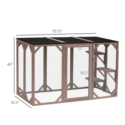 PawHut Outdoor Cat House, Catio Wooden Feral Cat Shelter, Cat Cage with Platforms, Large Enter Door, Weather Protection Asphalt Roof, 71" L, Brown - WoodArtSupply