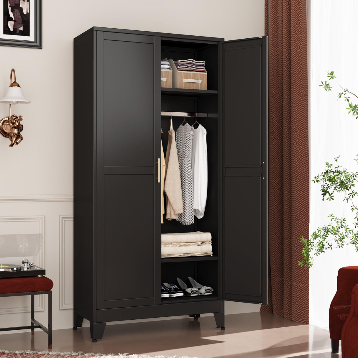 GAIOUS Metal Wardrobe Cabinet with Hanging Rod, 71" Metal Clothing Storage Cabinets with 2 Doors and Adjustable Shelves, Black Armoire Wardrobe Closet for Bedroom, Laundry Room, Cloak Room GAIOUS
