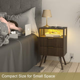 JOONEE Nightstand with Charging Station and LED Lights,Modern Bedside Table with 2 Storage Drawer and Open Wood Shelf, for Bedroom and Small Spaces,Night Stand with Solid Wood Legs,Walnut Brown JOONEE