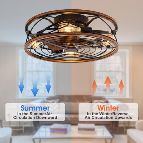 TIFEROR Caged Ceiling Fans with Lights, 20 in Bladeless Ceiling Fan with Remote Control, 3 Speeds Low Profile Modern Enclosed Ceiling Fans with Reversible Motor, Matte Black (5 E26 Bulb Include) TIFEROR