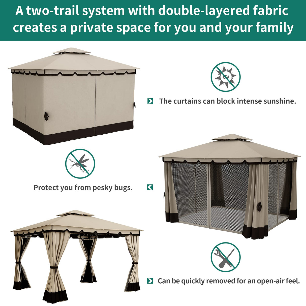 YITAHOME 10x12ft Patio Gazebo Outdoor Double Roof Canopy Gazebo w/Netting & Curtains, Soft Fabric Top Garden Winds Tent with Steel Frame for Lawn, Garden, Backyard and Deck, Khaki YITAHOME