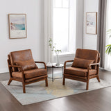 Mid Century Modern Accent Chair Set of 2 Living Room- Comfy Solid Wood Arm Chair with Lumber Pillow Lounge Decorative Brown Leather Office Side Chair Bedroom Reading Nook Sillas De Sala Microfiber Deolme
