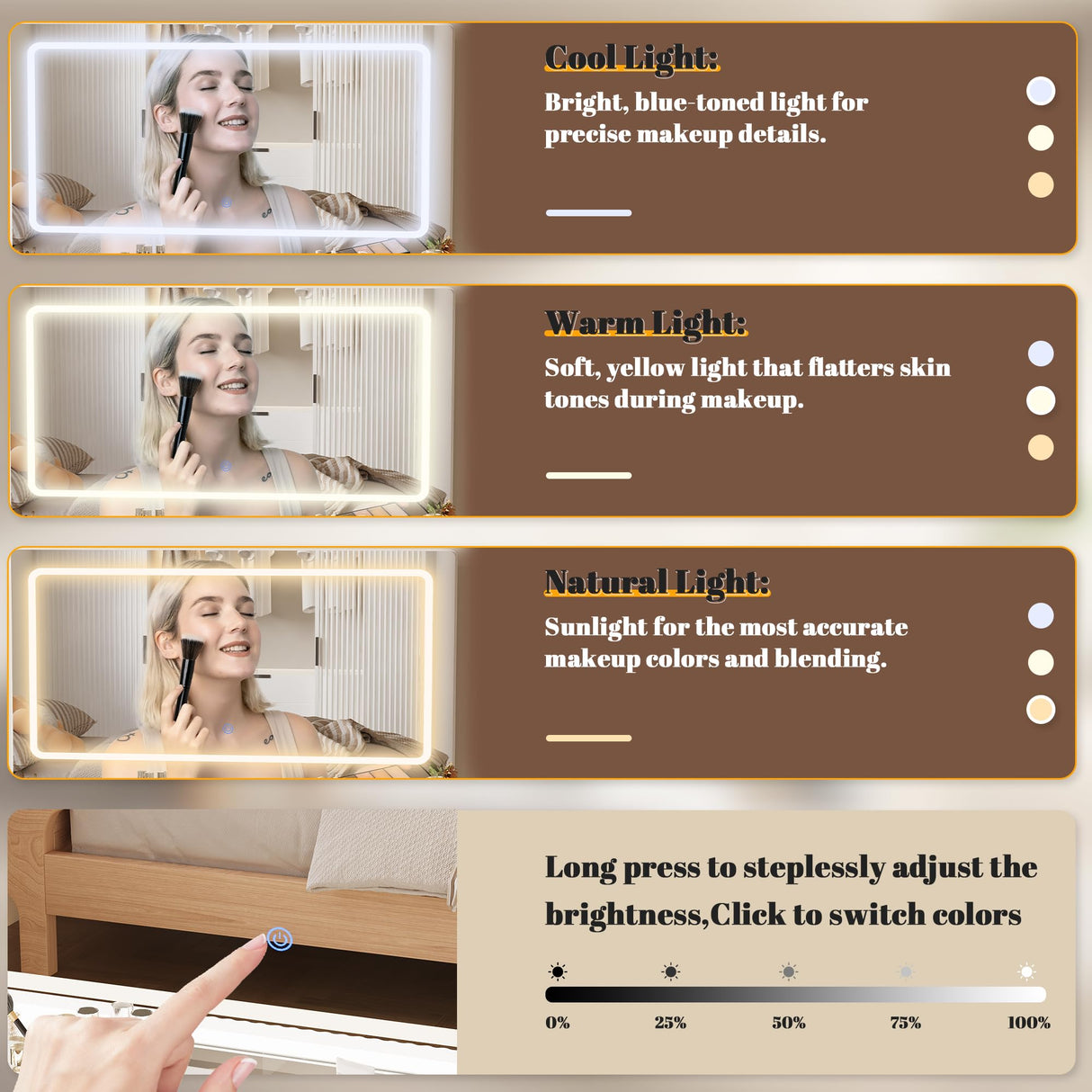 44" Vanity Desk with Large Mirror and Lights, Modern Glass Top Makeup Vanity Set with Power Outlet, 3 Drawers and 2 Cabinet, 3 Lighting Color Adjustable Dressing Table for Bedroom,Pure White INNOD