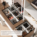 Farmhouse Makeup Vanity Desk with Sliding Mirror and Lights, Glass Desktop Makeup Vanity Desk with Charging Station, 3-Tier Hidden Slide-Out Vanity Shelves, Jewelry Storage Cabinet, 2 Drawers-White Jocoevol