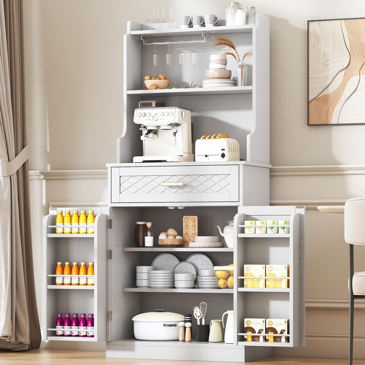 kepptory 66" Kitchen Pantry Cabinet with Microwave Shelf, Pantry Storage Cabinet with Adjustable Shelves and Drawer, Kitchen Buffet Cupboards Sideboard for Home Office Use (16" D x 24" W x 66" H) kepptory