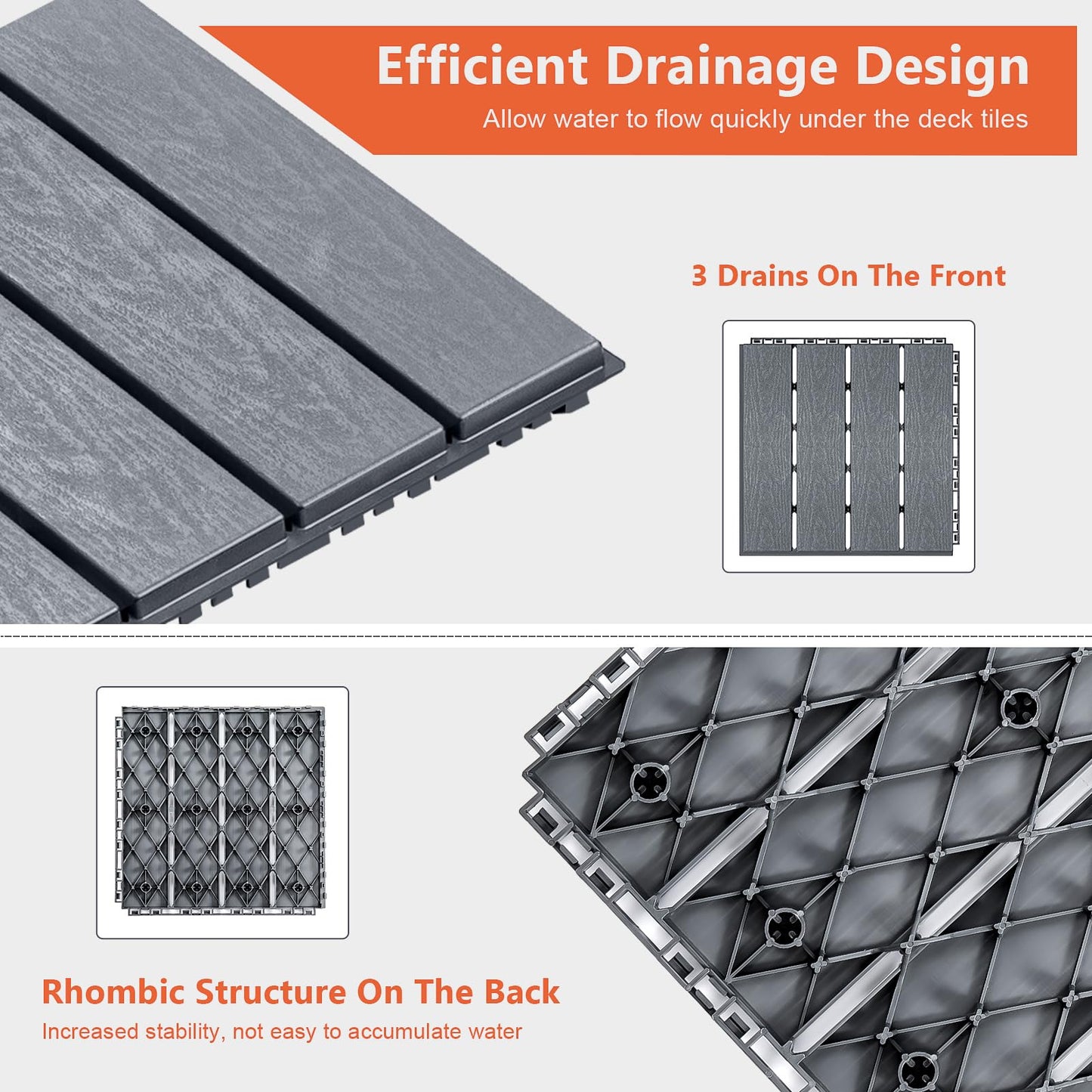 Toemics 6 Pack Interlocking Deck Tiles with 10 Transition Edge Kits 11.8"x11.8" Patio Floor Tiles Waterproof Outdoor Flooring Pallets Covering for Backyard, Shed, Basement, Dark Grey