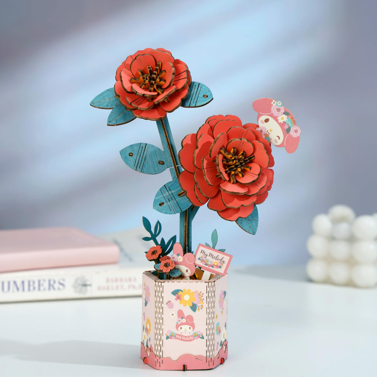 Hands Craft Hello Kitty and Friends My Melody Red Camellia 3D Wooden Puzzle Kit | DIY Flower Model | Arts & Crafts for Adults & Kids | Creative Hobby Kits | Wood Building Set | Unique Gift Hands Craft