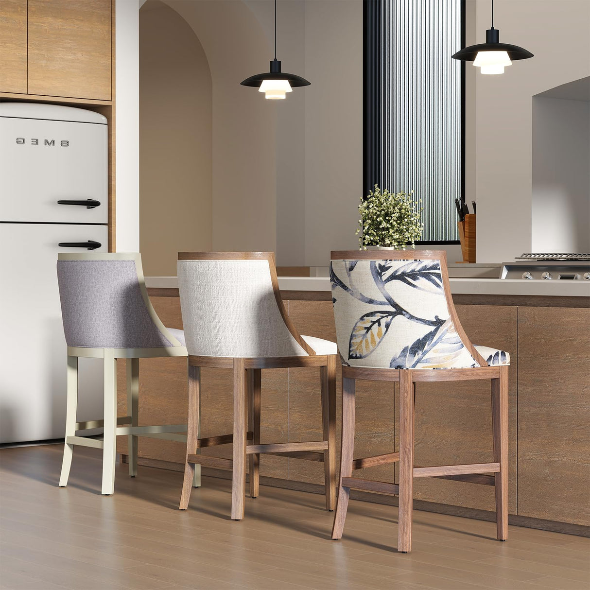 Kmax 26” Counter Height Bar Stool Set of 2, Farmhouse Upholstered Fabric Barstools with Curved Back and Solid Wood Legs, 20.5” W Bar Chair Counter Stool for Kitchen Island, Beige Kmax