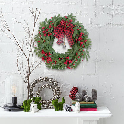 Bibelot Christmas Olive Wreath for Front Door Christmas Red Berry Wreath, Winter Bowknot Leaves Wreath with Red Berry and Jingle Bell Farmhouse Front Door Wreath