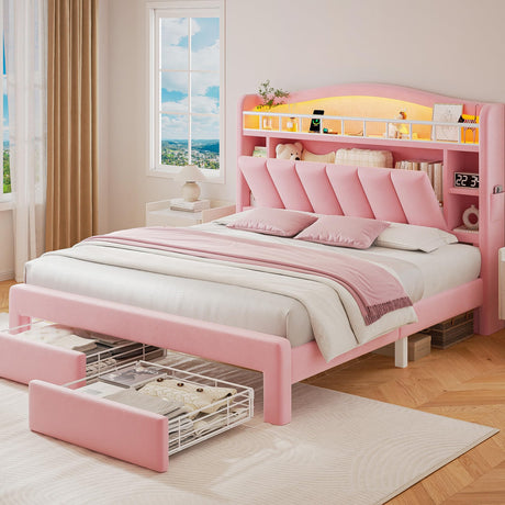 Full LED Bed Frame with Storage Headboard & 2 Storage Drawers, Princess Velvet Upholstered Bed with Vertical Tufted Headboard Design for Girls, USB & Type-C Charging Ports, Wooden Slats Support, Pink Jocoevol