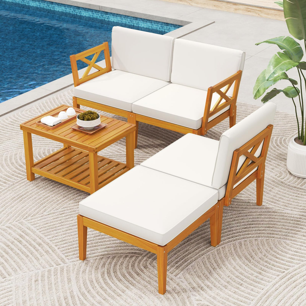 HAPPYGRILL 5 Pieces Acacia Wood Patio Furniture Set, Outdoor Sectional Couch with 2-Tier Coffee Table and Cushions, L Shaped Outdoor Conversation Set for Porch, Garden, Backyard HAPPYGRILL