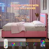 Queen Size Bed Frame with LED Lights, Upholstered Platform Bed with Storage Drawers, Princess Bed with Diamond Headboard and Footboard, No Box Spring Needed, Easy Assembly, Pink BarnFurin