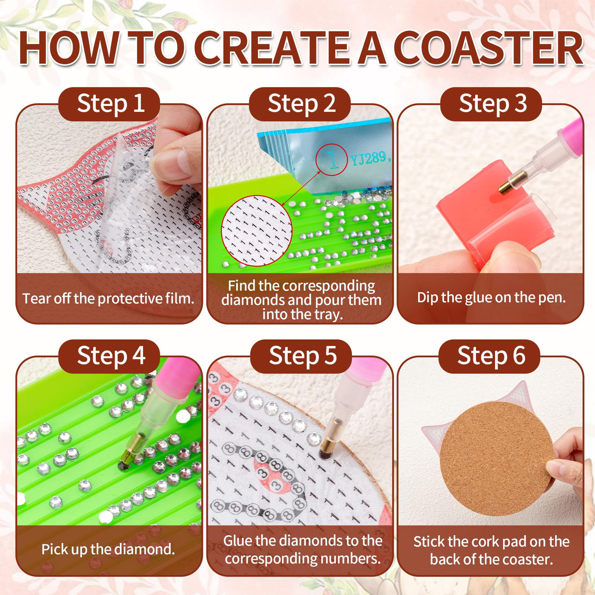 handlish 6 Pieces of Cute cat Diamond Art Coaster with Stand, Adult and Child Diamond Painting Art Set, DIY Diamond Art for Beginners, Family Craft Items (CAT) handlish