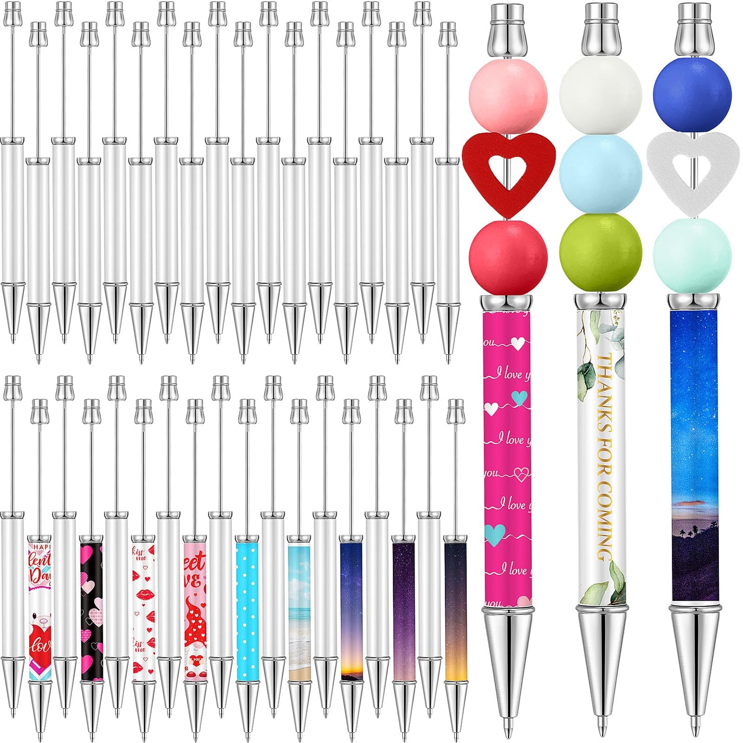 Spakon 36 Pcs Sublimation Beadable Blank Pens Metal Bead Pens DIY Heat Transfer Ballpoint Pen Black Ink Pen Personal Customization Pen Gift for Guest Wedding Students Teacher Office School