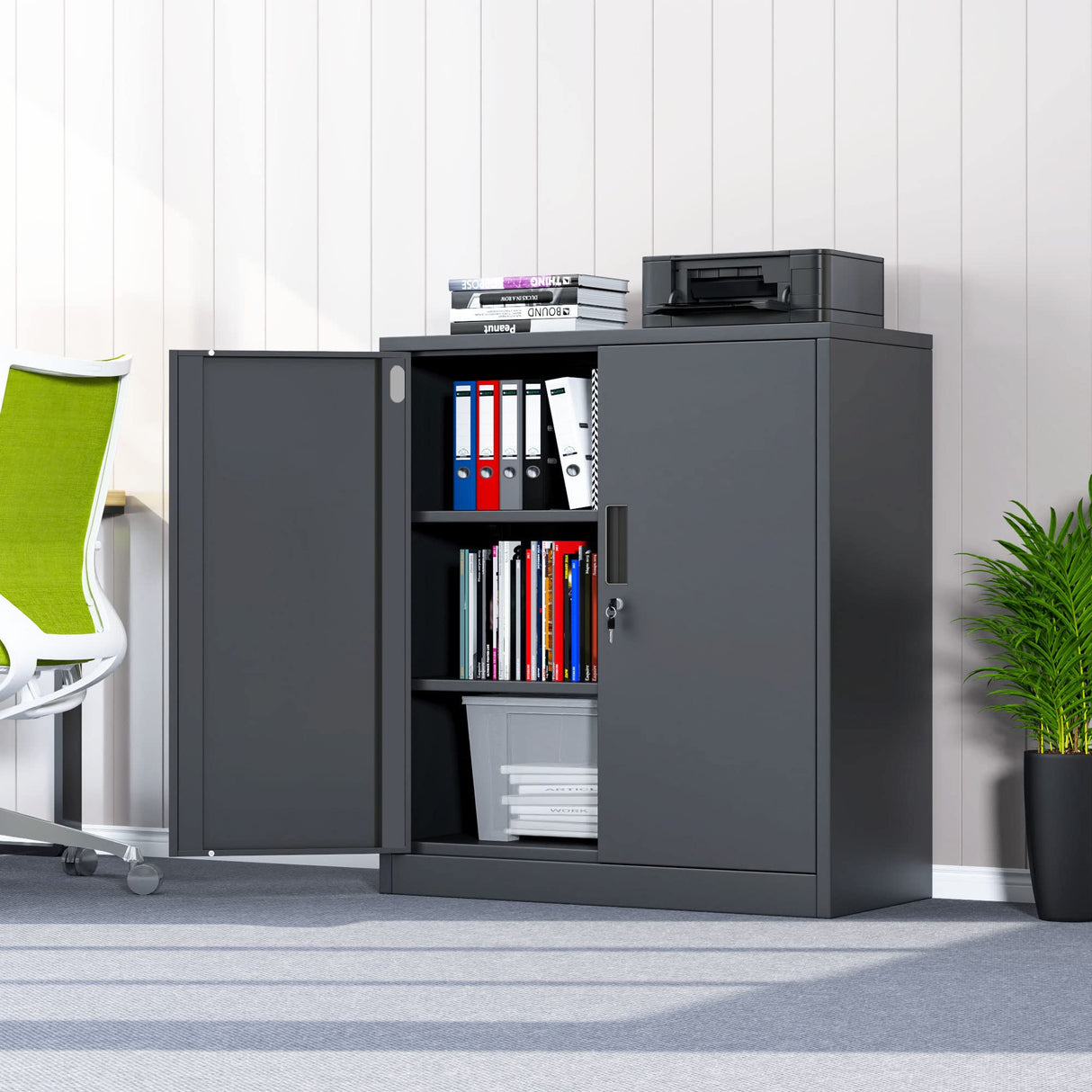 JINKUR Metal Storage Cabinet with Locking Doors and 2 Adjustable Shelves, Small Lockable Steel Storage Cabinets for Home Office Garage Kitchen Pantry (Black) JINKUR