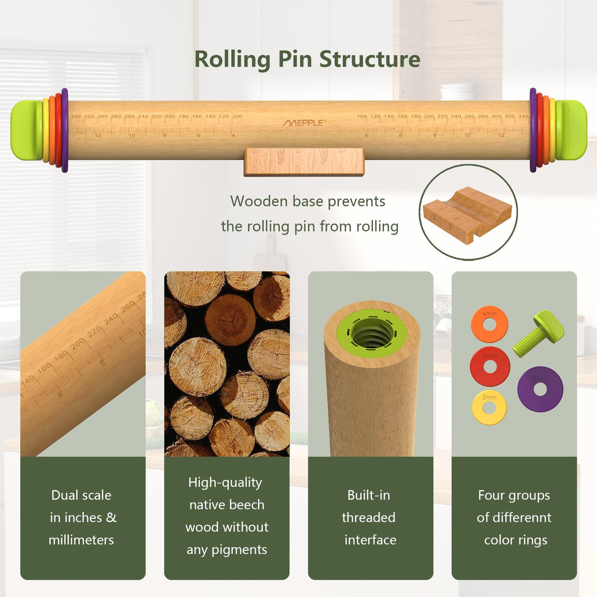 Mepple Rolling Pin with Thickness Rings and Pastry Baking Mat, 13.6" Adjustable Wood Rolling Pin Dough Roller for Baking Cookie Pizza, Comes with Large Silicone Pastry Mat and Wooden Stand Mepple