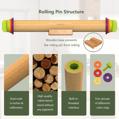 Mepple Rolling Pin with Thickness Rings and Pastry Baking Mat, 13.6" Adjustable Wood Rolling Pin Dough Roller for Baking Cookie Pizza, Comes with Large Silicone Pastry Mat and Wooden Stand