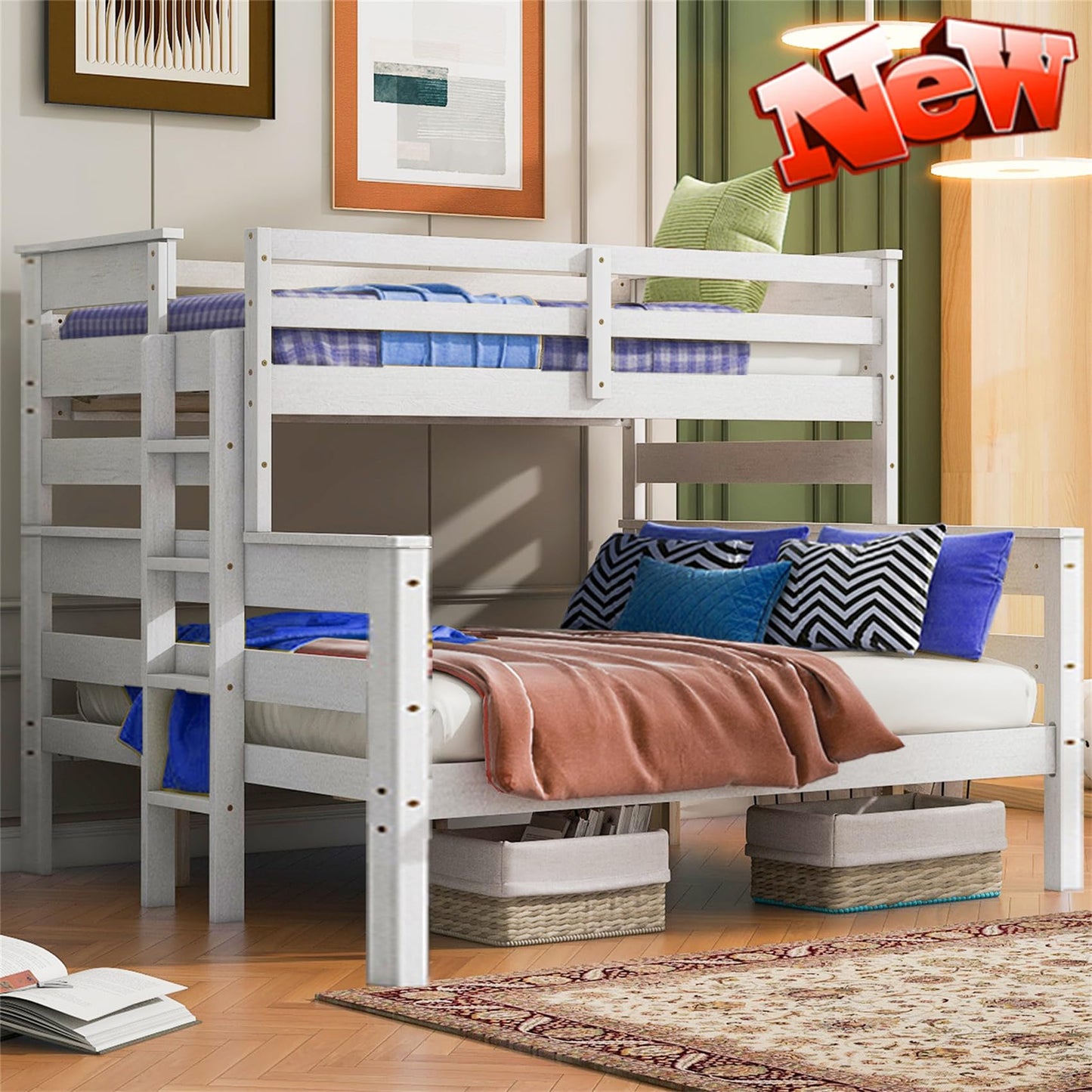 Kntyr Premium Solid Wood Twin XL Over Queen Bunk Bed - Versatile and Sturdy Design, Easily Converts to Two Beds - WoodArtSupply