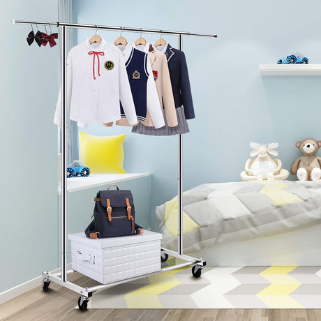 Simple Trending Standard Rod Clothing Garment Rack, Rolling Clothes Organizer on Wheels for Hanging Clothes, Chrome Simple Trending