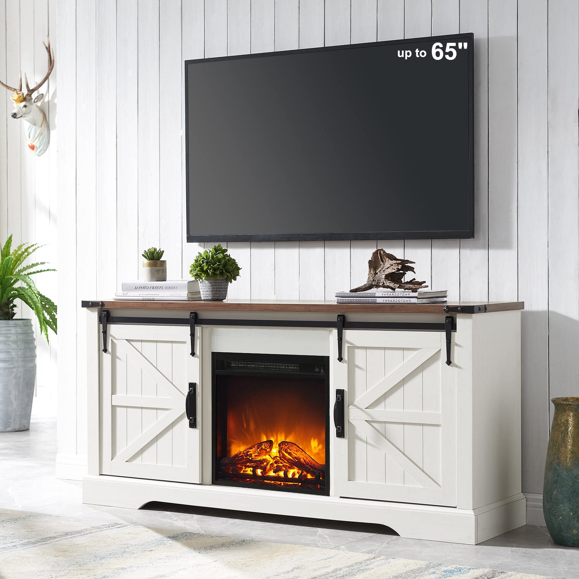 OKD Farmhouse Electric TV Stand for 65+ Inch TV, Rustic Entertainment Center with 18" Fireplace, Sliding Barn Door, Storage Shelves, Wood Media Console Cabinet for Living Room, Antique White - WoodArtSupply