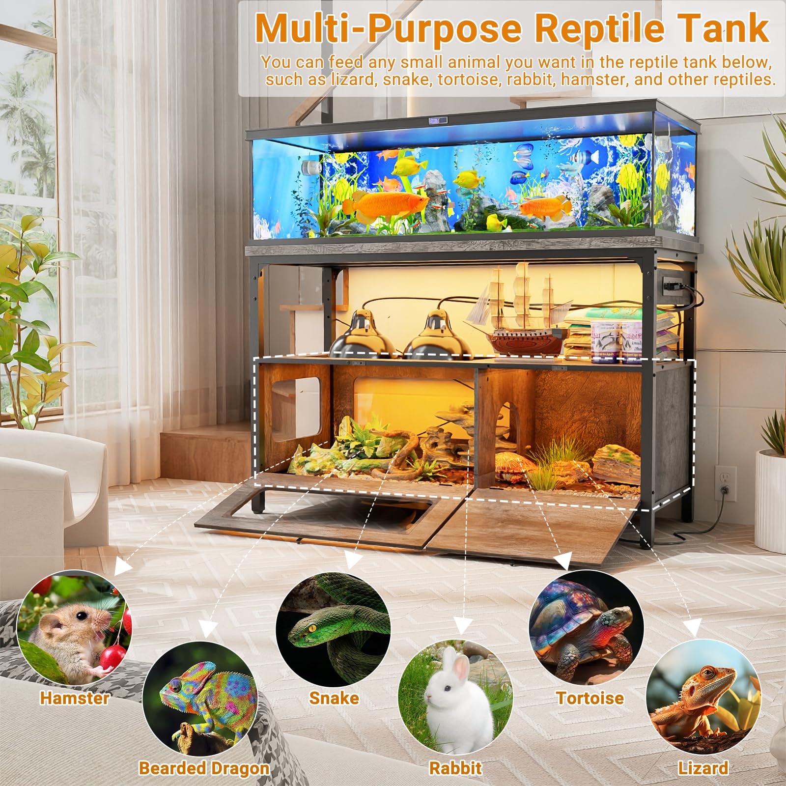 Hyomdeck 55-75 Gallon Fish Tank Stand with LED Light, Aquarium Stand with Outlet and Storage, 49.2" Reptile Terrarium Tank with Lockable Door, Observable Screen and Top Ventilation Mesh, Gray - WoodArtSupply