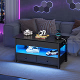 WLIVE Coffee Table, Lift Top Coffee Table with Drawers, LED Light, Large Storage and Open Shelf, Lift Tabletop for Living Room, Deep Black WLIVE