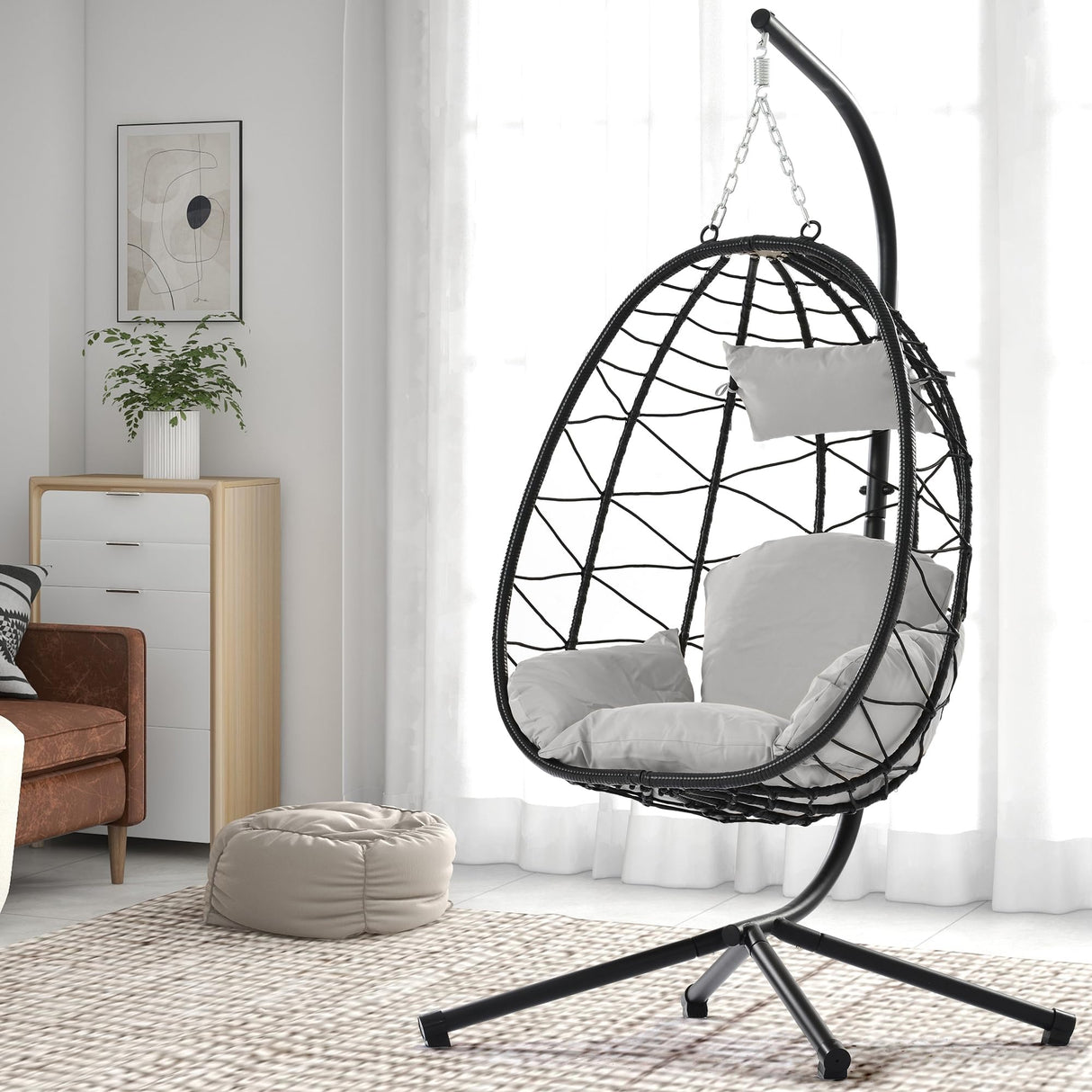 Ziraukon Hanging Egg Chair with Stand Indoor Outdoor, Patio Hammock Egg Swing Chair with Cushion 350 lbs for Patio, Porch, Backyard, Balcony, Poolside, Garden, Black Ziraukon