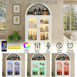 70" Tall Arched Kitchen Pantry Cabinet with LED Lights, Wood Kitchen Storage Cabinets with Glass Doors and 2 Large Drawers, Modern Versatile Cupboard with Adjustable Shelves for Dining Room, White Gyfimoie