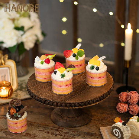 Hanobe Round Wood Cake Stand: Cupcake Pedestal Stand 12 inch Dessert Display Riser Distressed Rustic Cakes Holder Tray Vintage Beads Wooden Plate for Wedding Birthday Decor Hanobe
