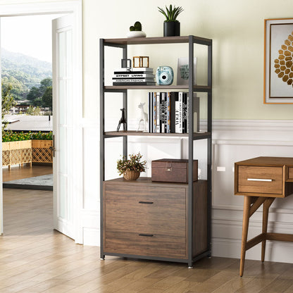 Rustic Industrial Etagere Bookcase with Drawers by Tribesigns - WoodArtSupply