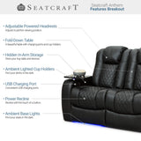 Seatcraft Anthem Home Theater Seating - Italian Leather - Power Recline Sofa - Fold-Down Table - Powered Headrests - Arm Storage - USB Charging - Cup Holders, Black Seatcraft