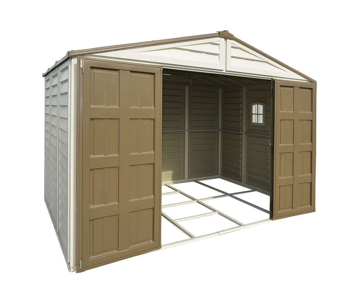 Duramax Woodbridge Plus 10.5 x 8 (8.02 m2) Plastic Garden Shed with 1 Fixed Window & Metal Foundation Kit, Strong Metal Roof Structure Fire Retardant and Maintenance-Free Storage Shed - Ivory/Brown DURAMAX