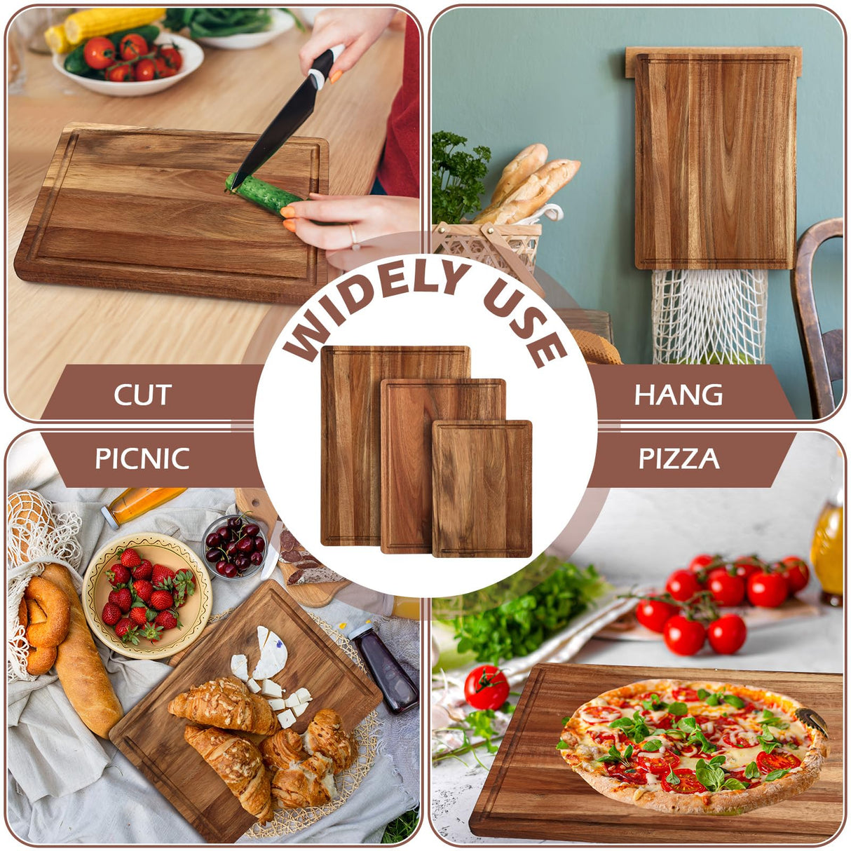 Tioncy 12 Pcs Wood Cutting Board Set Thick Wooden Cutting Boards for Kitchen Butcher Block Cutting Board with Juice Groove for Meat Cheese Fruit Trays, 16x12, 14x10, 11x8 Inch(Acacia) Tioncy