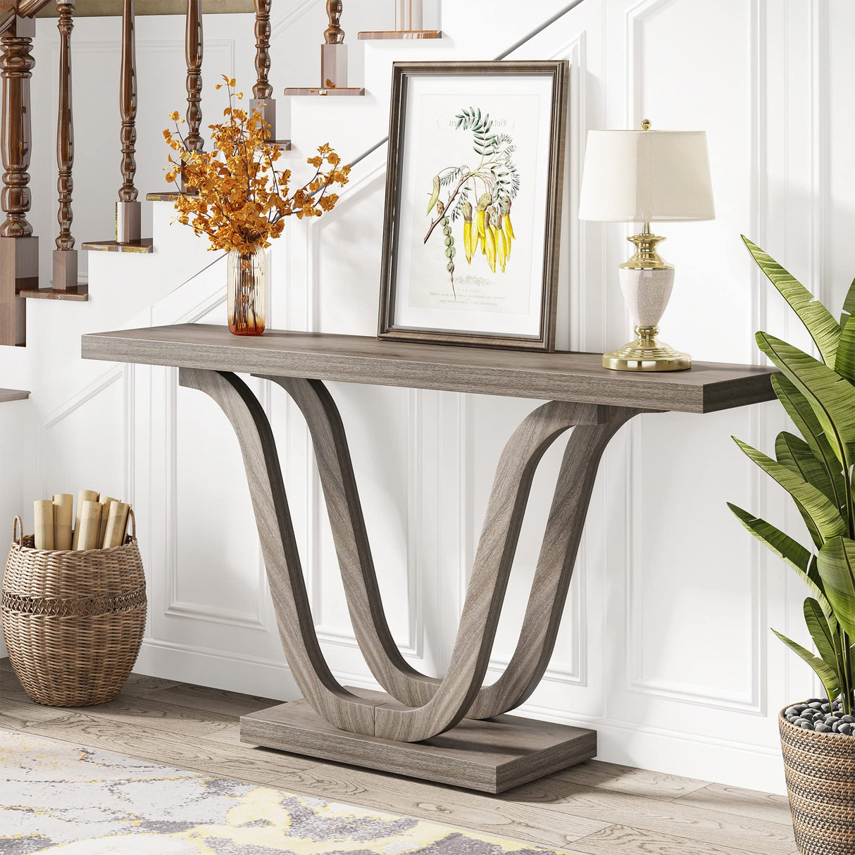 Tribesigns Farmhouse Console Table, 55 Inch Wood Sofa Table Entryway Table, Modern Narrow Hallway Tables Foyer Tables for Entryway, Living Room, Light Grey Tribesigns