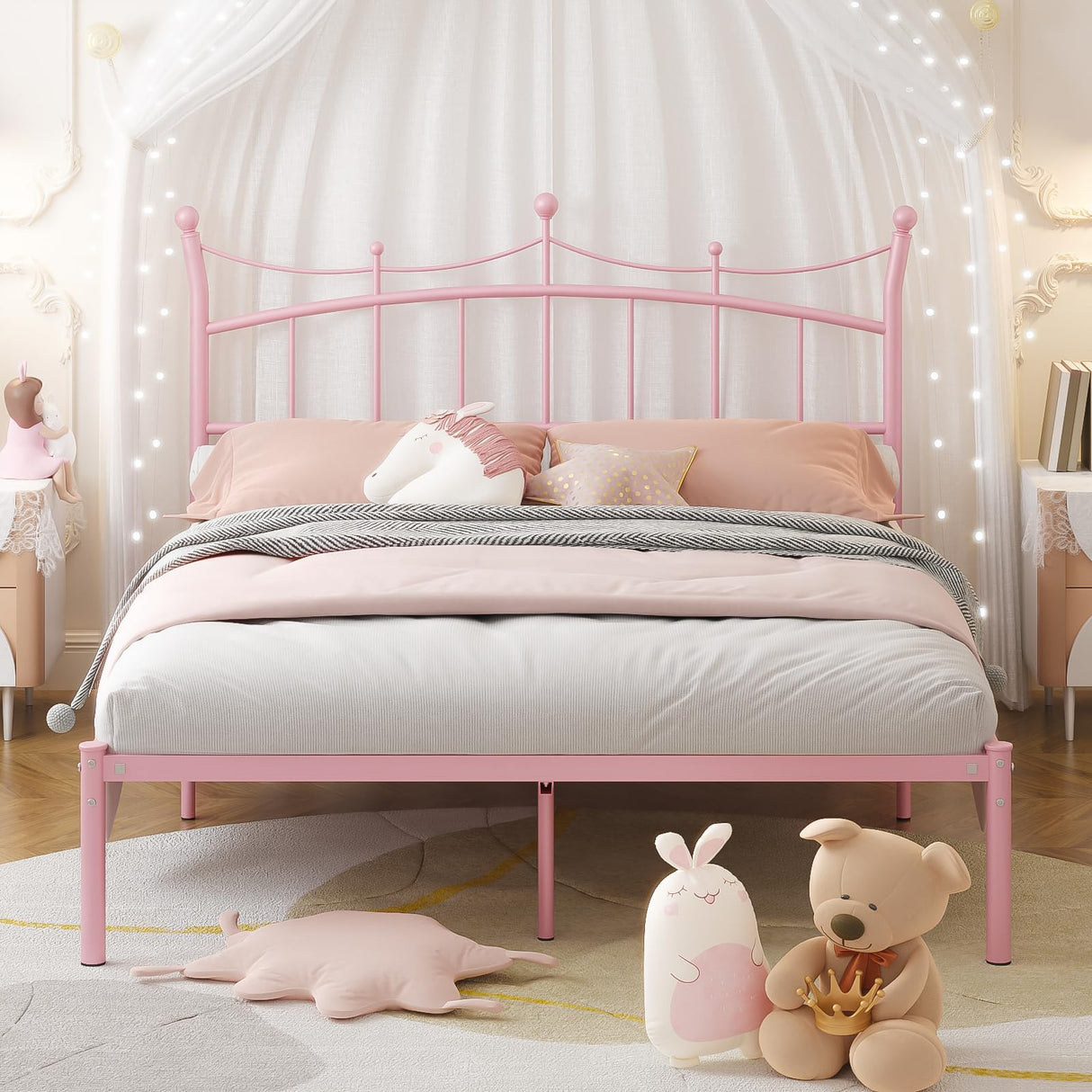 Weehom Full Size Bed Frame with Headboard, Metal Platform Bed for Kids Adults Easy Assembly Under Bed Storage Space Heavy Duty Steel Slat Support No Box Spring Needed, Pink Weehom