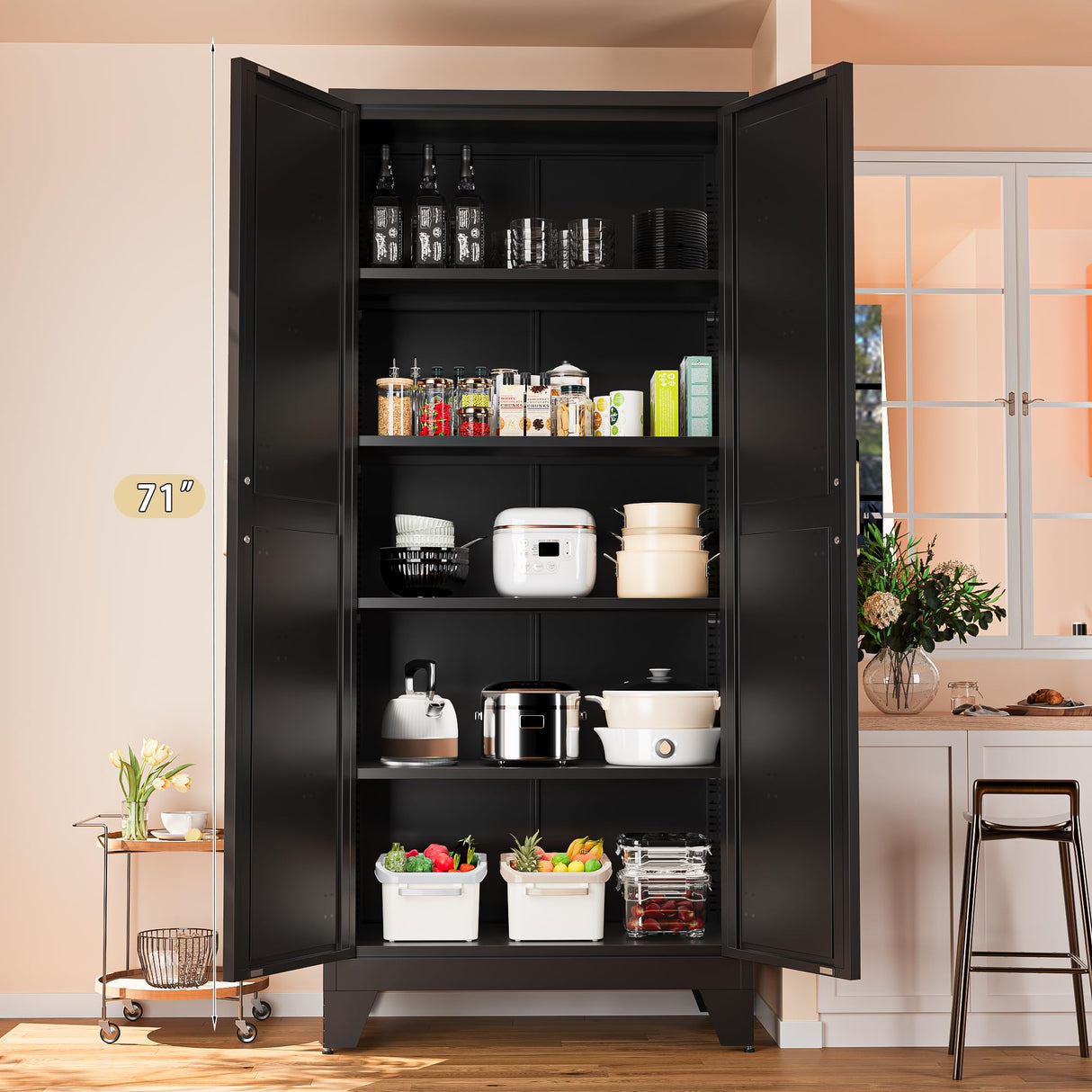 Washsemba 71'' Farmhouse Metal Storage Cabinet with Barn Doors,Steel File Cabinet for Home Office,Kitchen Pantry 4 Adjustable Shelves,Freestanding Cupboard for Kitchen,Home Office (Black) Washsemba