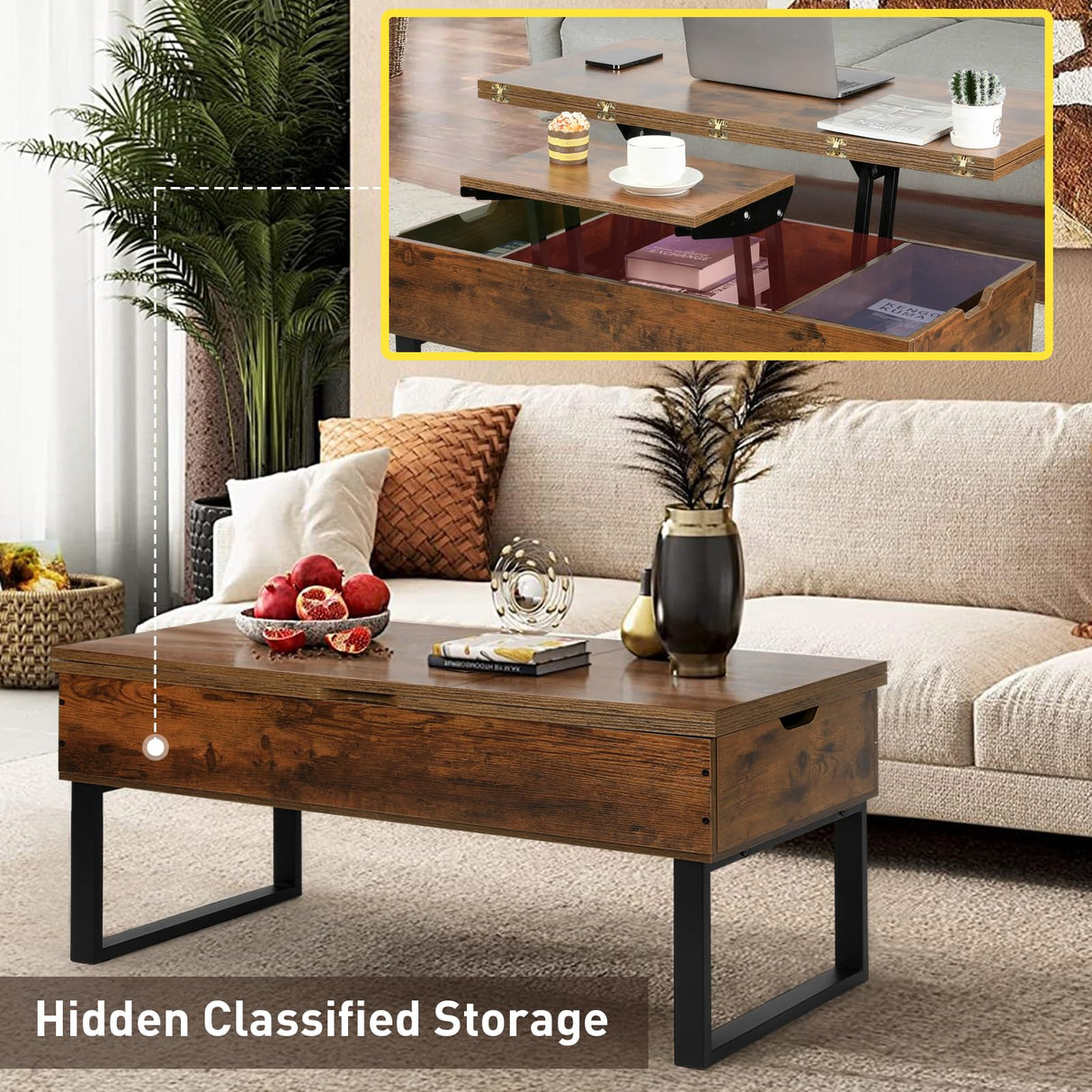 SMOOL Lift Top Coffee Table, 3 in 1 Multi-Function with Hidden Compartment for Living Room, Modern Lift Coffee Table Converts to Dining Table for Reception, Rustic Brown SMOOL