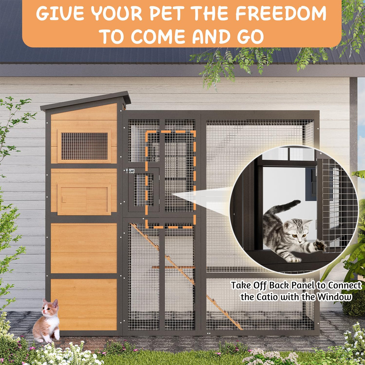 JFHID 4-Tier Cat Catio Enclosure with Weatherproof Roof, 3 Resting Rooms & Climbing Ramp, Large Outdoor Indoor Cat House Cage for Small Animals, Brown and Black JFHID
