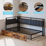 LIKIMIO Corner Bed Frame Twin Daybed with Storage Drawers, Metal Platform Bed Frame with LED Light, Charging Station & Fabric Upholstered Fence, Black LIKIMIO