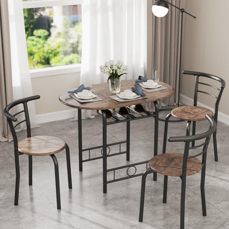 JUMMICO 3-Piece Wooden Round Table & Chair Set, Space Saving Kitchen Breakfast Nook Wood Grain Tabletop with Metal Frame and Built-in Wine Rack for JUMMICO